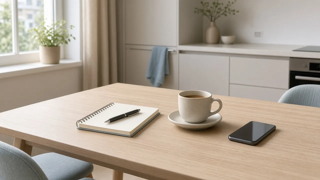 Ruhiger Arbeitsplatz mit Notizbuch und Kaffee